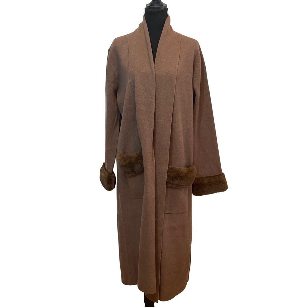 NWT MAX‎ SPORT Mocha Long Cardigan Sweater Coat Faux Fur Trim Pockets Size L